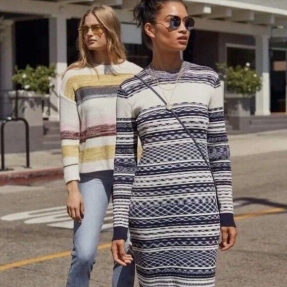 Tory Burch Julie Ribbed Knit Sweater Midi Long Sleeve Striped Dress - Picture 1 of 12